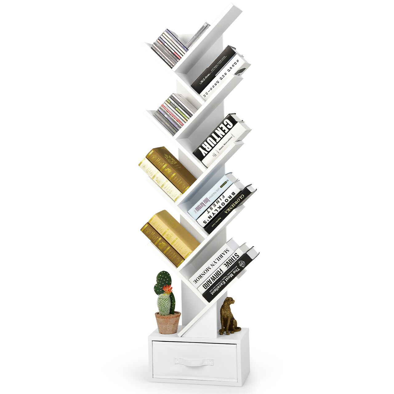 Costway 10-tier Tree Bookshelf with Drawer Free-standing Bookcase Storage Shelf White\Brown
